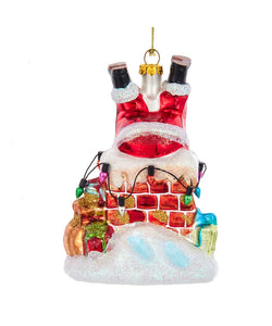 Glass Santa In a Chimney Ornament with Christmas Lights & Gifts