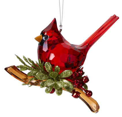 Acrylic Crystal Red Cardinal Ornament Sitting on Brown Branch with Red Berries