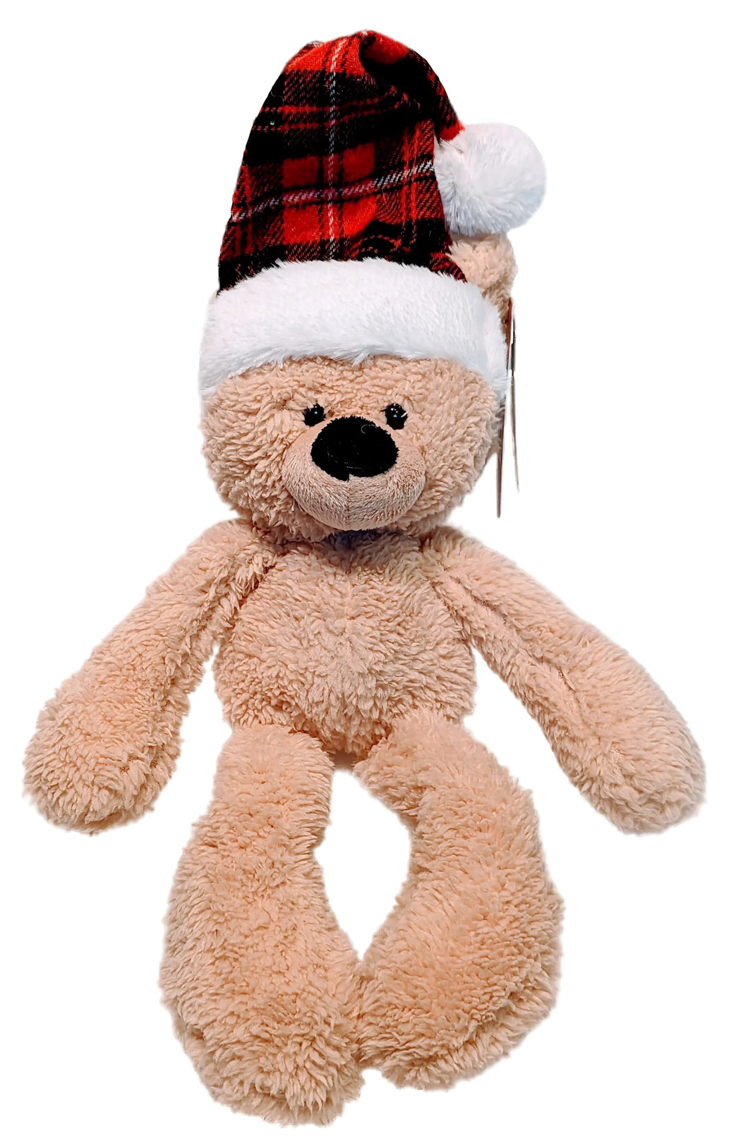 Plush Holiday Brown Wooly Bear with Red Plaid Christmas Hat