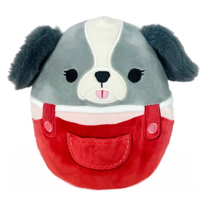 Plush Dark Grey Puppy Wearing Red Overalls