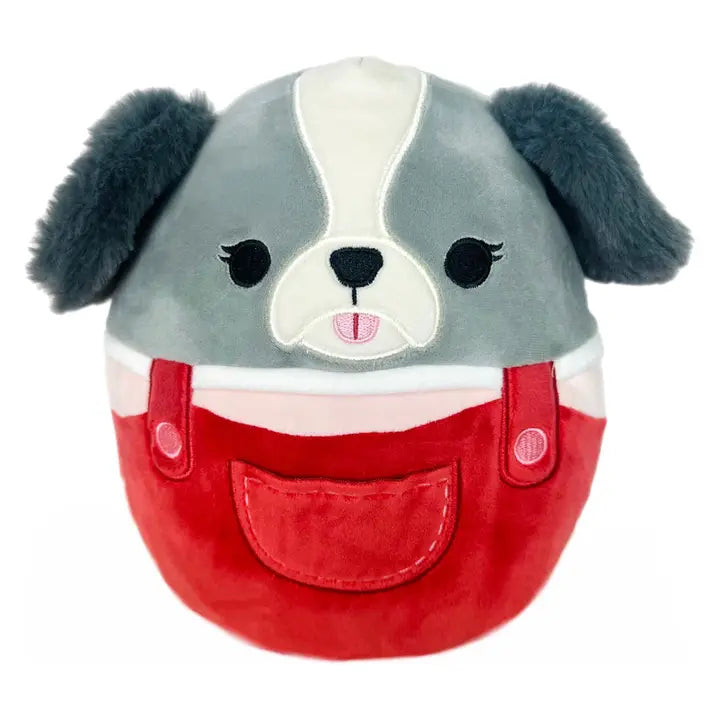 Plush Dark Grey Puppy Wearing Red Overalls