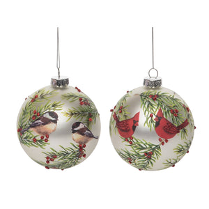 Glass 4.5" Christmas Winter Bird Globe Ornament Set of 2