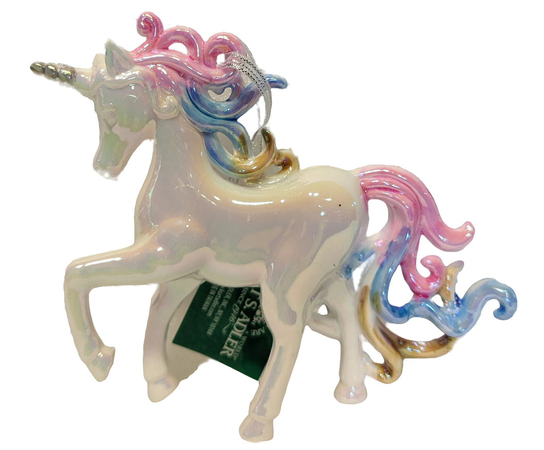White Iridescent Unicorn Ornament with Silver Horn