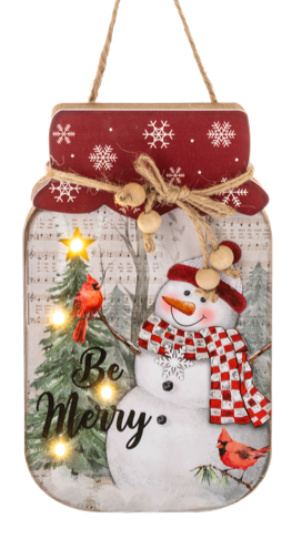 Wooden Light Up Snowman Mason Jar Plaque- Be Merry