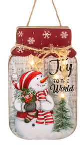 Wooden Light Up Snowman Mason Jar Plaque- Joy To The World