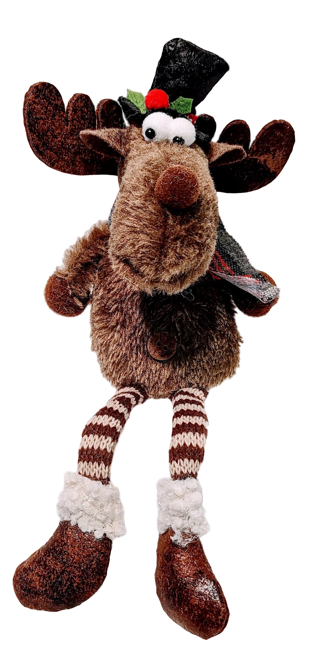 Plush Moose Shelf Sitter Wearing Black Hat with Holly & Plaid Scarf