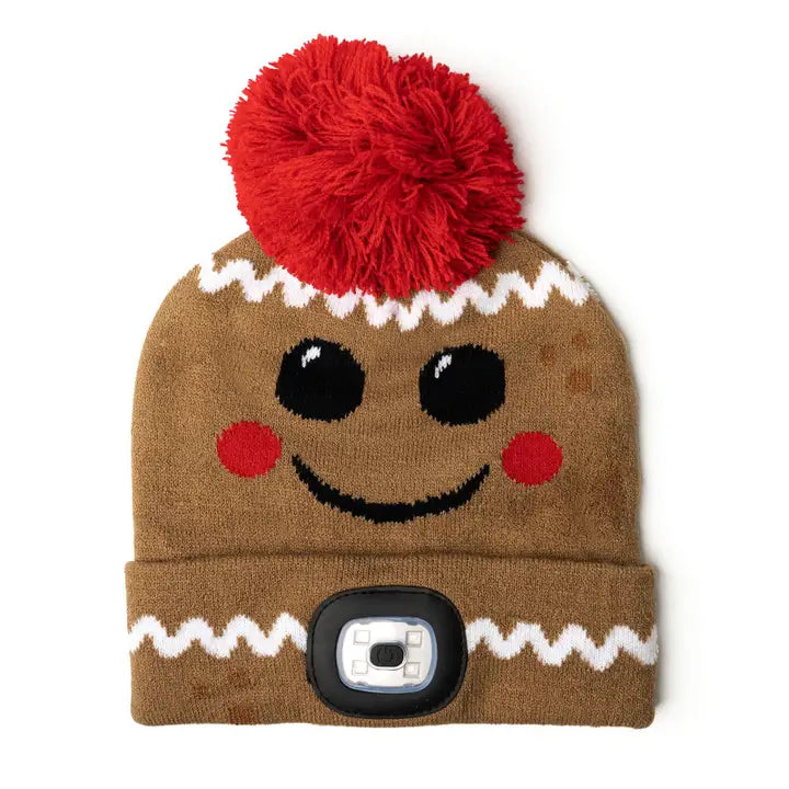 Kids Rechargeable Night Scope Hat-  Brown Gingerbread with Red Pom Pom
