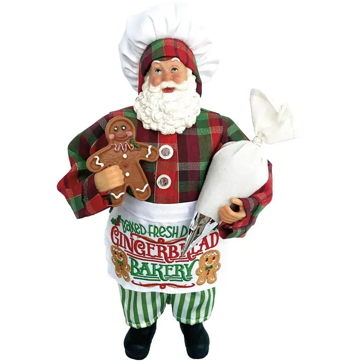 Gingerbread Baker Santa Figurine Holding A Gingerbread Cookie & Piping Bag