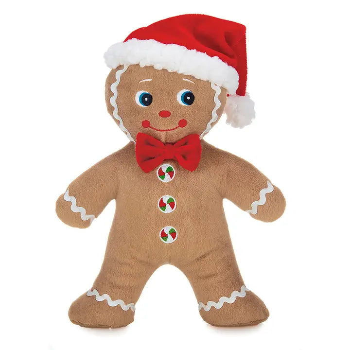 Plush Gingerbread Man Wearing Red Santa Hat & Red Bowtie