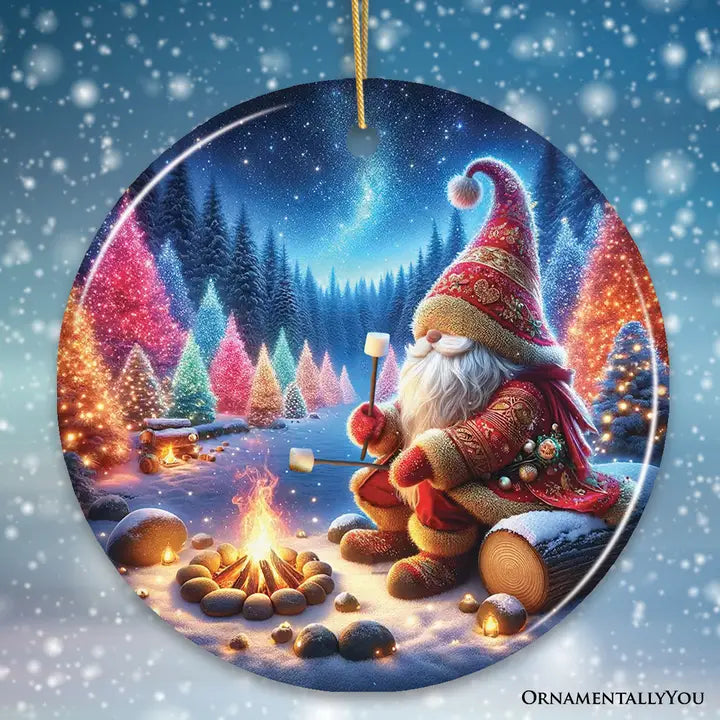 Ceramic Gnome Ornament with Campfire Roasting Smores