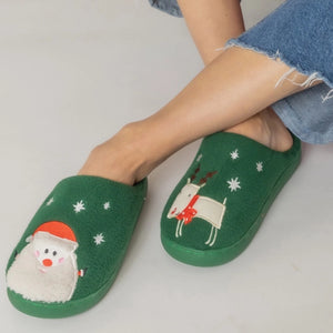Ladies Green Plush Slippers with Santa & Reindeer - Size Medium