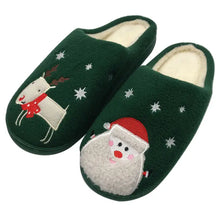 Load image into Gallery viewer, Ladies Green Plush Slippers with Santa &amp; Reindeer - Size Large
