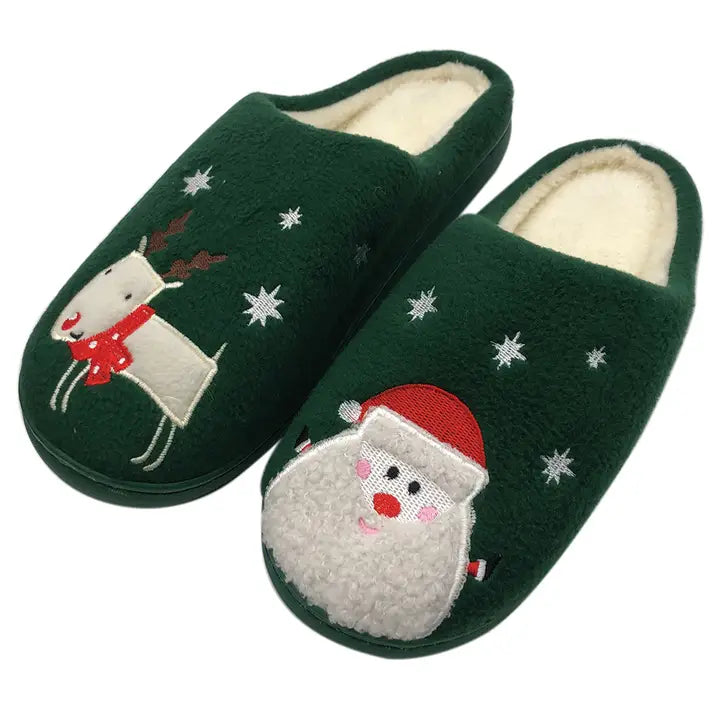 Ladies Green Plush Slippers with Santa & Reindeer - Size Small