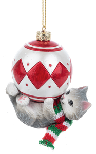 Christmas Grey Cat with Red/Silver Ornament