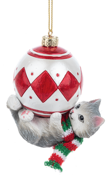 Christmas Grey Cat with Red/Silver Ornament