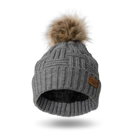 Ladies Grey Plush Lined Pom Hat