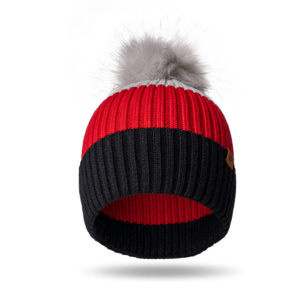 Kids Knit Pom Pom Winter Hat - Grey/Red/Black