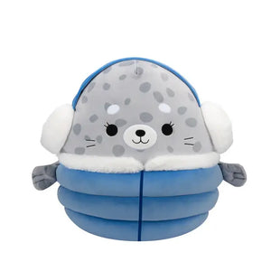 Plush Grey Sea Otter Wearing Blue Puffer Jacket & White Ear Muffs