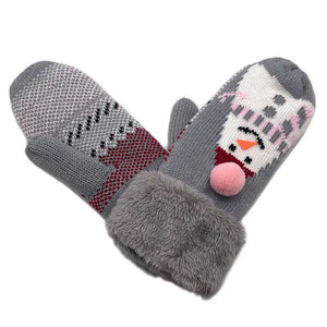 Ladies Snowman Grey Mittens with Faux Fur Cuffs