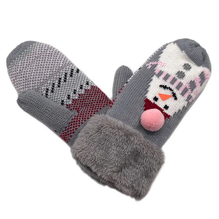 Ladies Snowman Grey Mittens with Faux Fur Cuffs