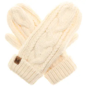 Ladies Cable Knit Fleece Lined Ivory Mittens