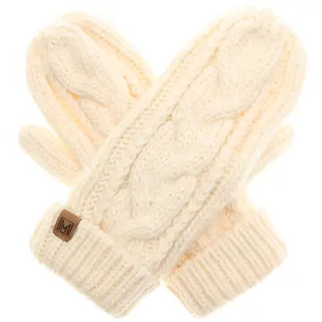 Ladies Cable Knit Fleece Lined Ivory Mittens