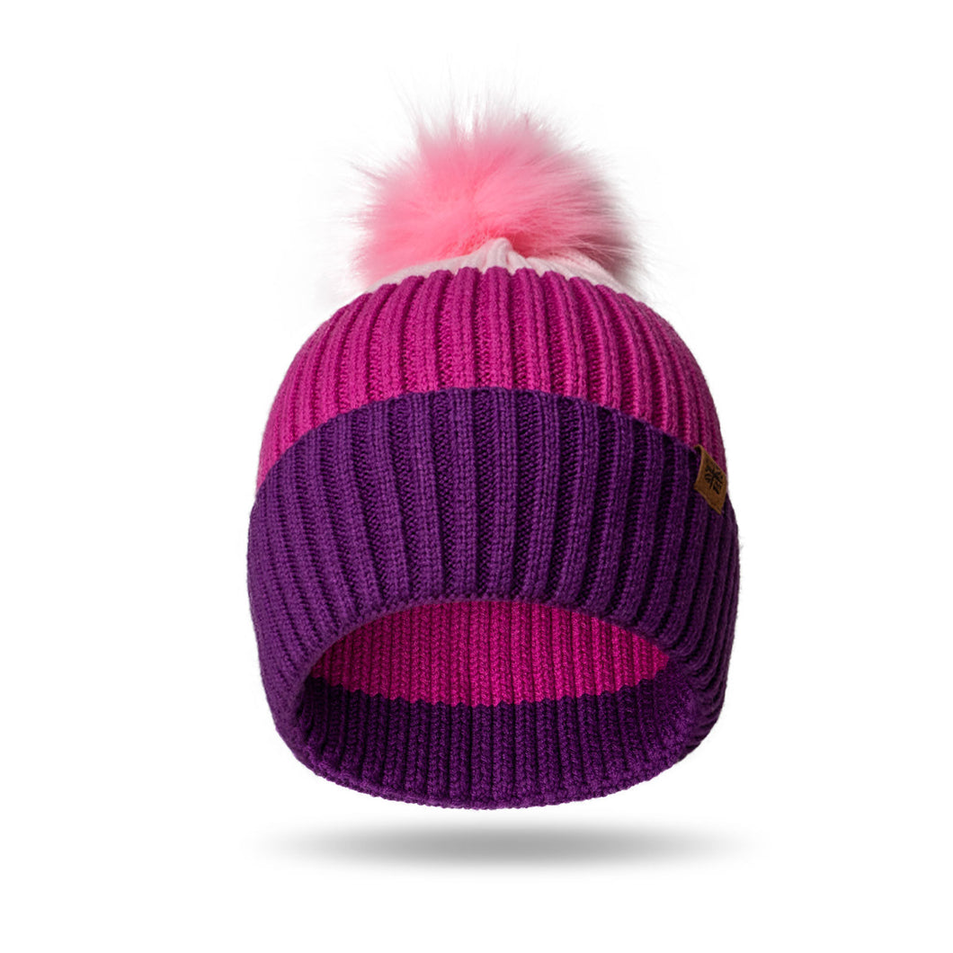 Kids Knit Pom Pom Winter Hat - Pink/Burgundy/Purple
