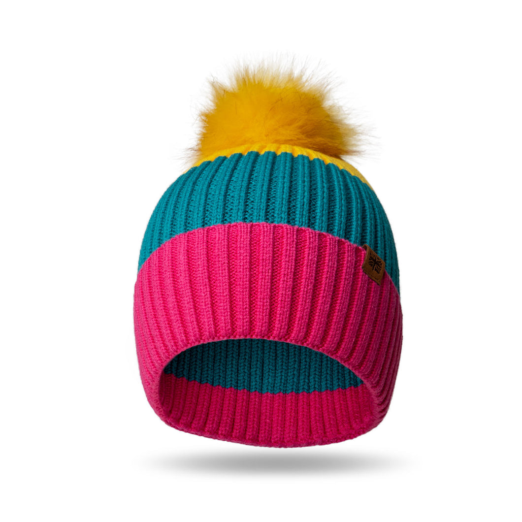 Kids Knit Pom Pom Winter Hat - Yellow/Agua/Pink