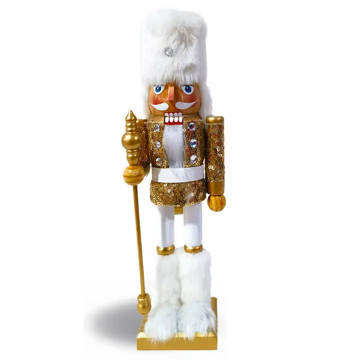 Wooden Lavish Gold Soldier Nutcracker with White Fur Hat