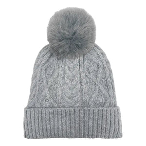 Ladies Cable Acrylic Knit Light Grey Hat