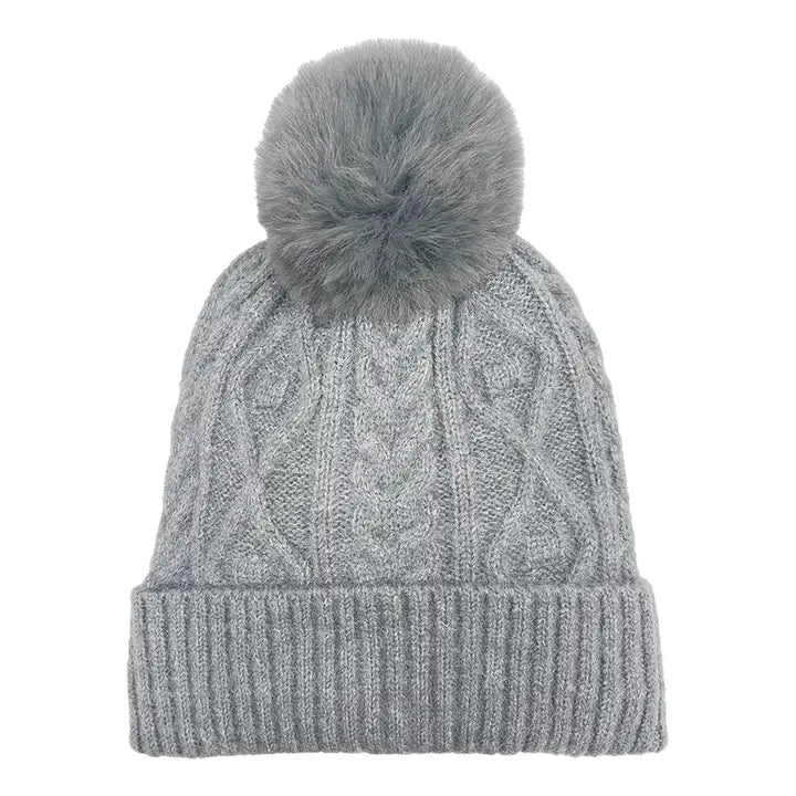 Ladies Cable Acrylic Knit Light Grey Hat