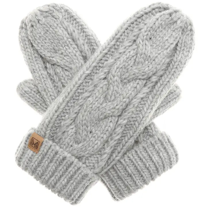 Ladies Cable Knit Fleece Lined Light Grey Mittens