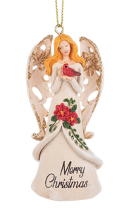 Angel Ornament Holding Red Cardinal - Merry Christmas