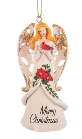 Angel Ornament Holding Red Cardinal - Merry Christmas