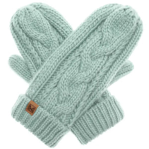 Ladies Cable Knit Fleece Lined Mint Green Mittens