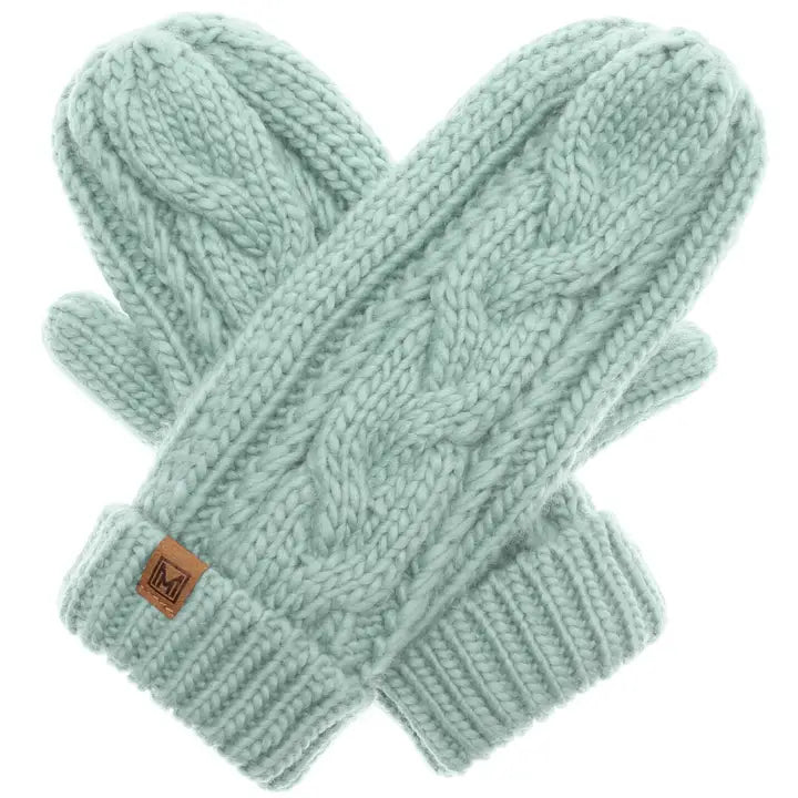 Ladies Cable Knit Fleece Lined Mint Green Mittens