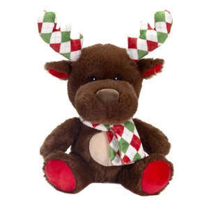 Plush Brown Christmas Moose with Red/Green/White Scarf & Antlers
