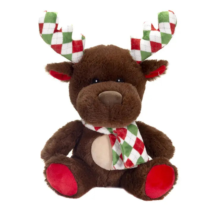 Plush Brown Christmas Moose with Red/Green/White Scarf & Antlers