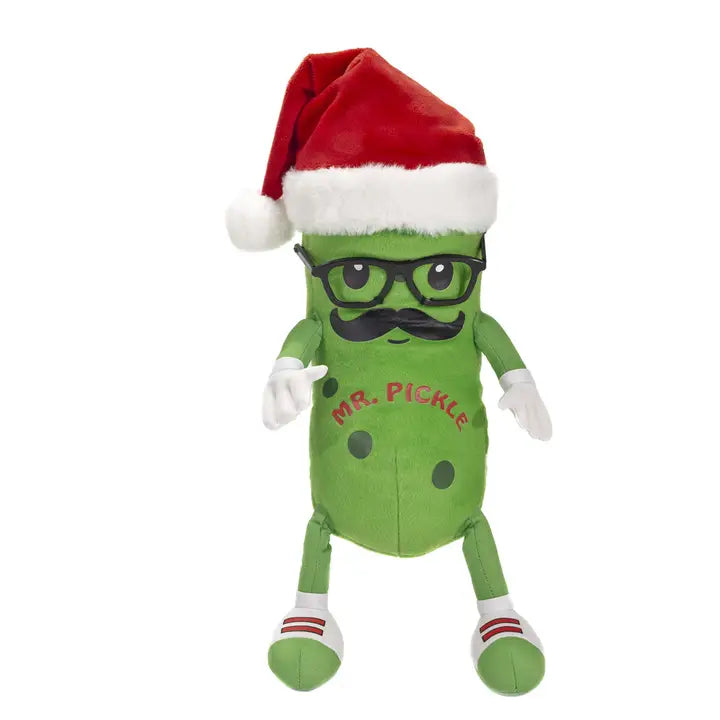 Plush Green Mr. Pickle with Moustache & Black Glasses Wearing Santa Hat