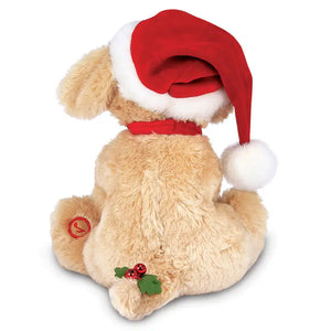 Plush Animated & Musical Brown Puppy Wearing Red Santa Hat & Red Collar with Jingle Bell