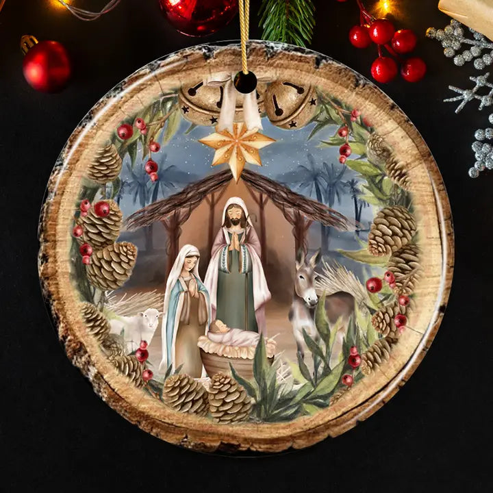 Ceramic Nativity Ornament with Manger & Gold star