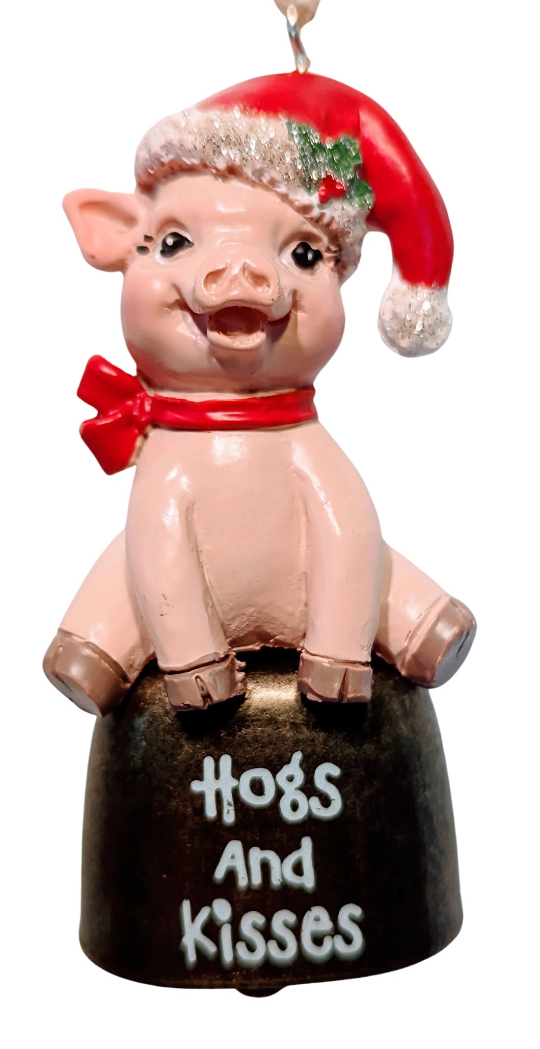 Christmas Piglet Wearing a Santa Sitting On a Bell - Hogs & Kisses