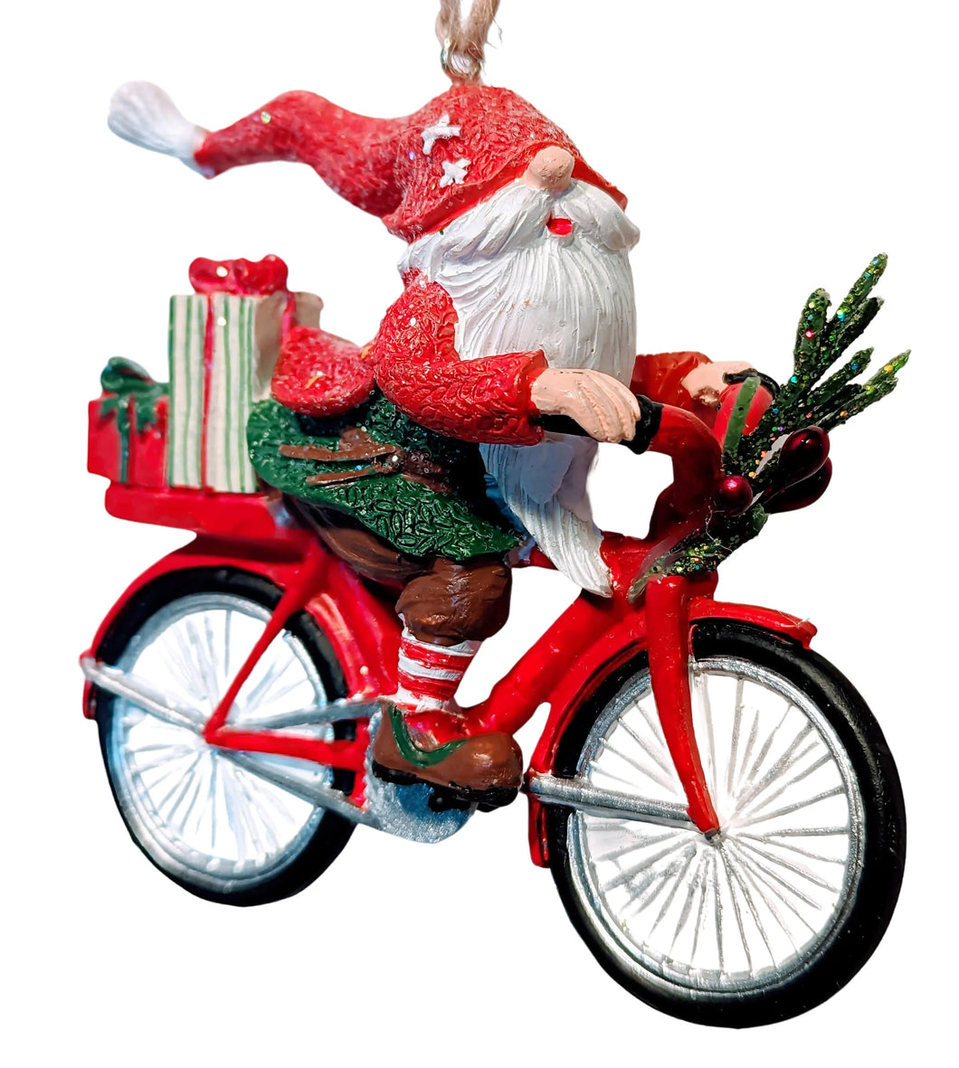 Playful Gnome Ornament Riding a Bicycle
