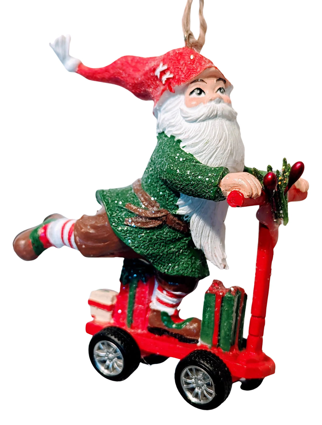 Playful Gnome Ornament Riding a Scooter