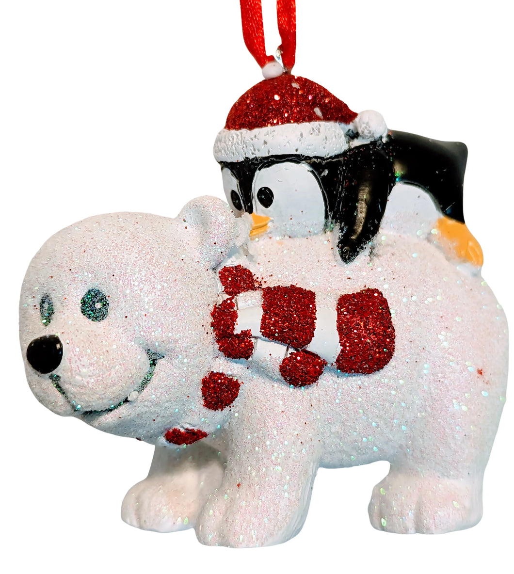 White Bear with Penguin Lying on Back Ornament