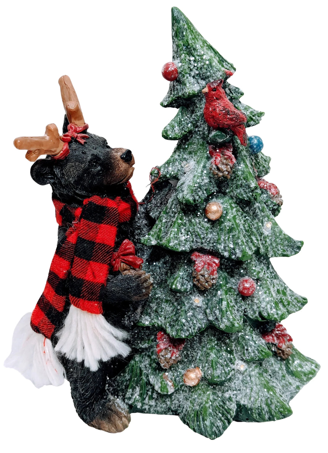 Light Up Christmas Tree Figurine with Bear Wearing Reindeer Antlers