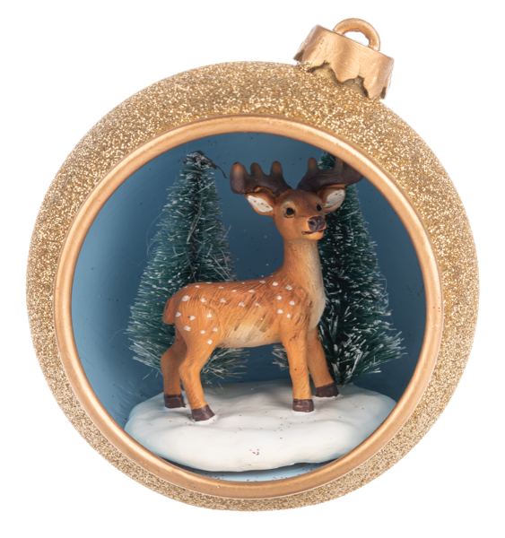 Gold Glittered Panoramic Reindeer Ornament