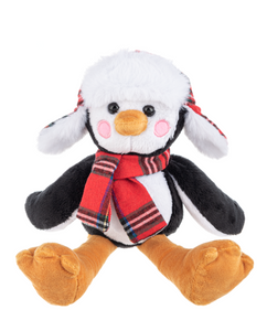 Plush Penguin with Red Plaid Winter Hat & Scarf