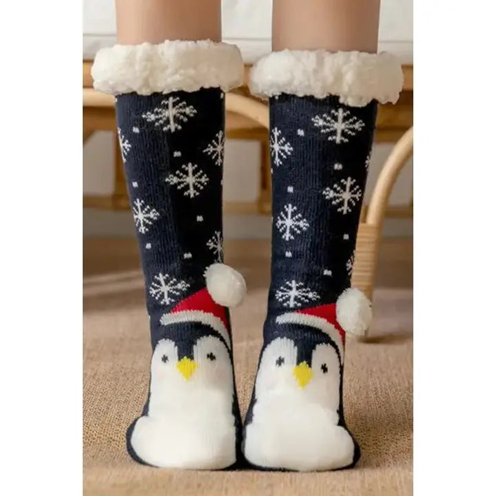 Christmas Penguin Fuzzy Mid-Crew Cozy Lounge Socks
