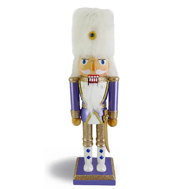 Wooden Periwinkle Nutcracker with Fancy White Fur Hat
